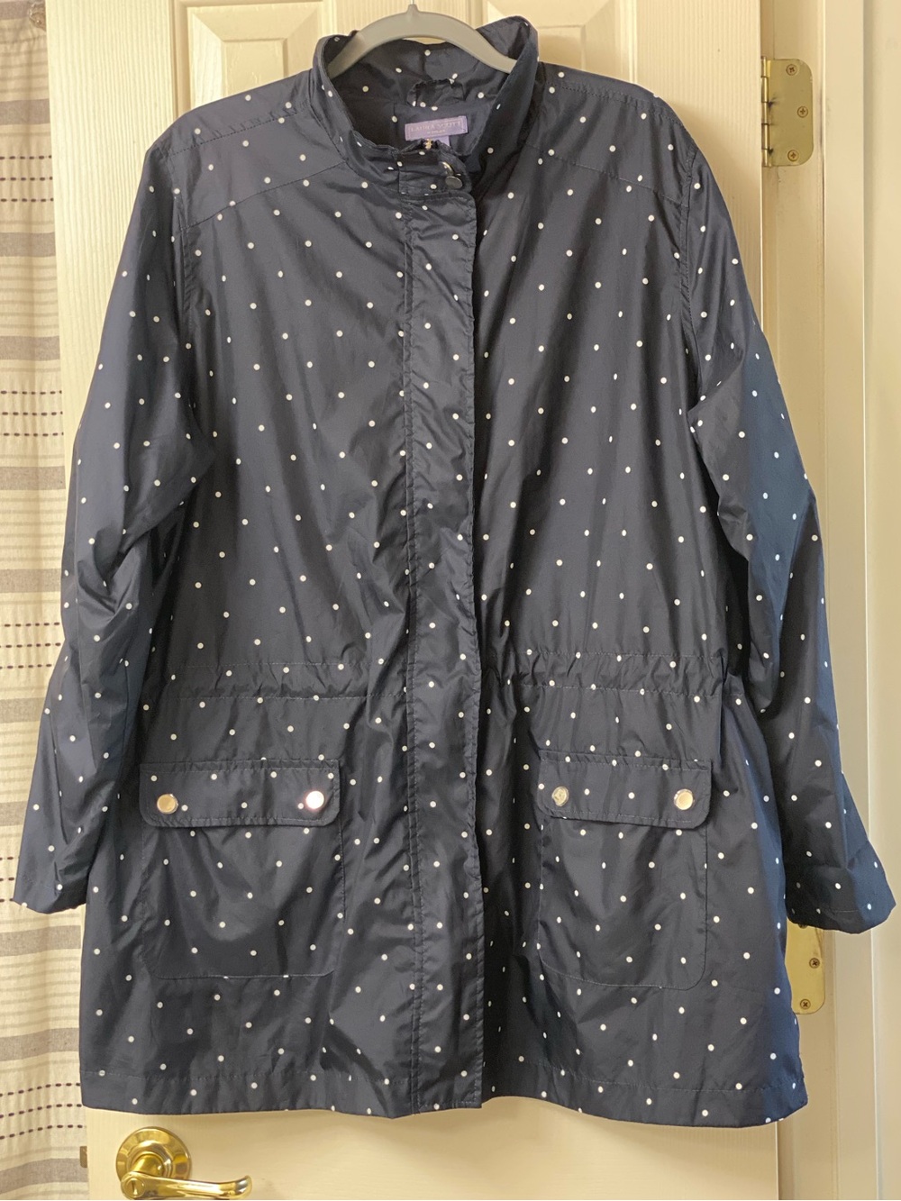 Laura Scott Classic Navy Polka Dot Roll Tab Zip And Snap Closure Jacket Size 2X